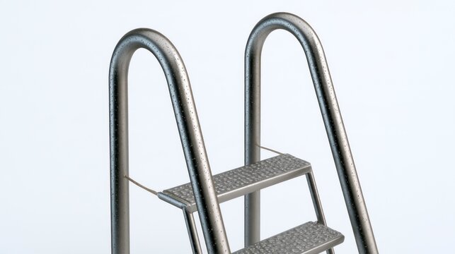 Close-up of Stainless Steel Swimming Pool Ladder with Water Droplets on White Background