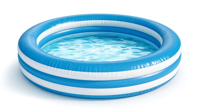 Round blue and white striped inflatable kiddie pool filled with clear water, isolated on a white background