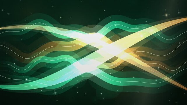 Abstract shimmering fluid emerald and orange waves motion background