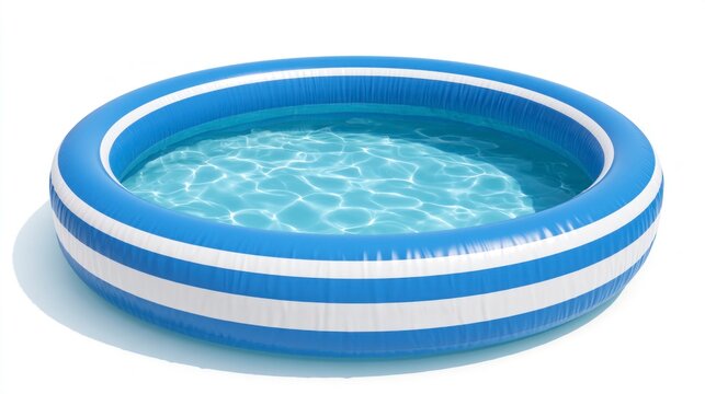 Blue and White Striped Inflatable Swimming Pool Filled with Clear Water Isolated on White Background
