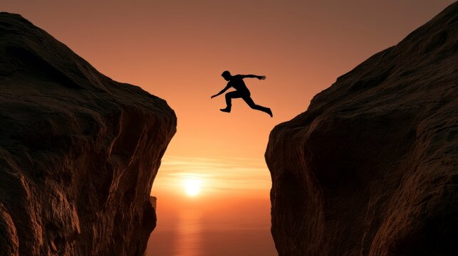 Silhouette of a Man Jumping Over a Gap Between Two Rocks at Sunset, Concept of Courage and Leap of Faith