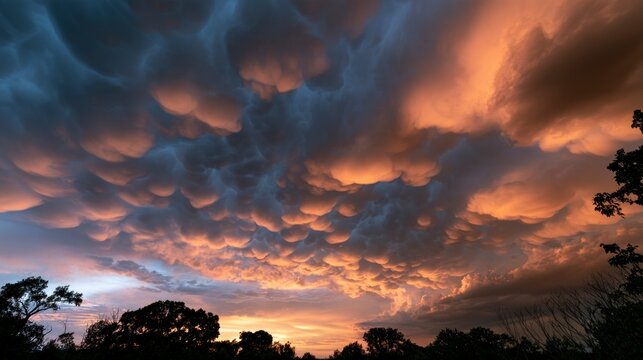 Dramatic mammatus clouds glowing in orange and blue light at sunset over silhouetted trees.