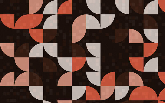 Retro geometric pattern of quarter circles and squares in muted colors for vintage design.