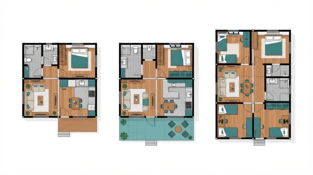 Three floor plans show layouts for modular homes that are part of a sustainable housing assembly process.