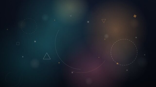 Abstract minimalist geometric shapes floating on dark moody particle
