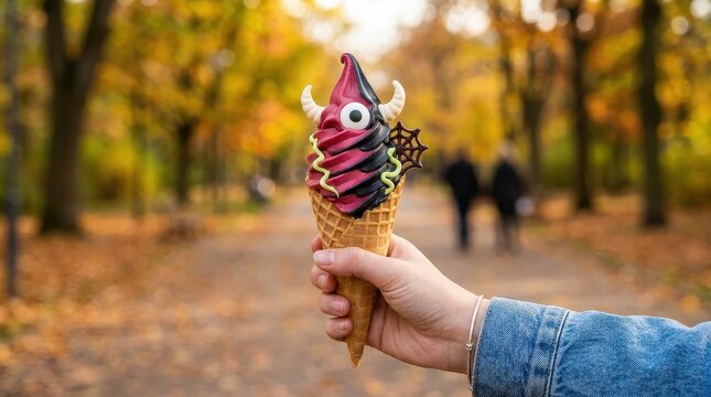 Spooky monster themed ice cream cone featuring swirling red and black colors with a crunchy wafer held by hand outside
