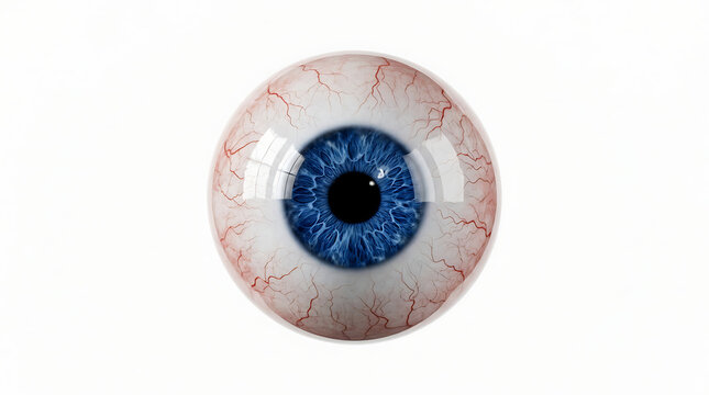 Close-up of a realistic human eyeball with intricate details of the iris and blood vessels against a plain white background