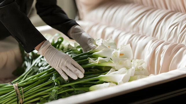 A mortuary worker's gloved hands close up, arranging white calla lilies inside a satin-lined casket interior. This detail showcases funeral preparations, casket floral arrangements, and the skill of p