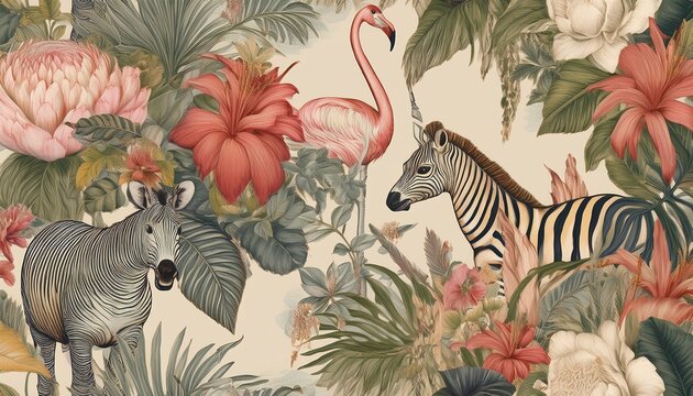 tropical vintage botanical seamless pattern giraffe elephant flamingo zebra jungle floral composition animal wallpaper