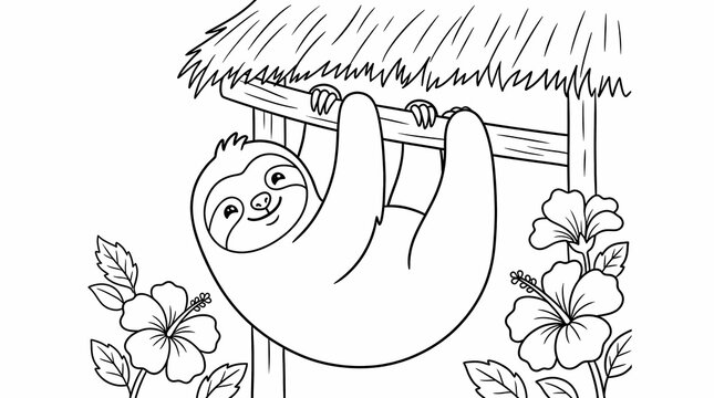 A cute sloth hanging from a wooden beam under a thatched roof surrounded by tropical hibiscus flowers for a children's coloring book page.
