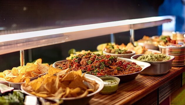 becca amexican food buffet with salsa and chips healthy mexican food display catered event mexican dinnerdam