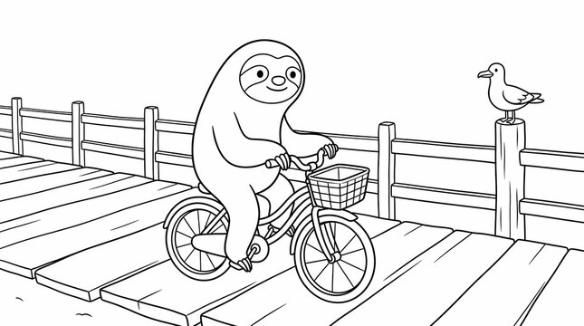 Cute cartoon sloth riding a bicycle on a wooden boardwalk next to a seagull, line art for a coloring book.