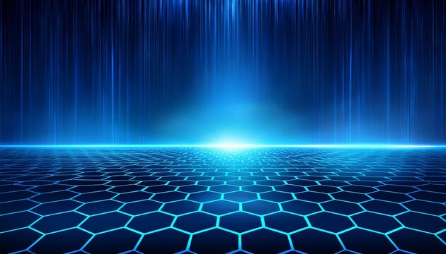hexagon gaming background shiny blue futuristic background with 3d hexagonal floor futuristic digital landscape with glowing grid horizon cyber space high tech innovation and data systems