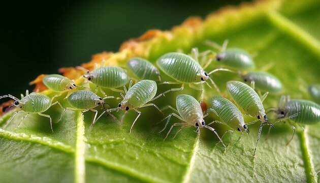 a herd of plant louse aphid on a green leaf