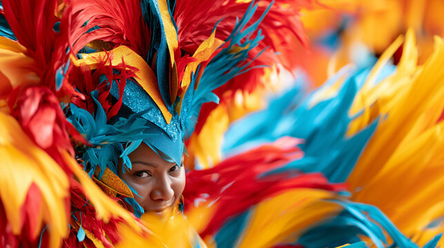 Vibrant Calabar Carnival Performer Wearing an Elaborate Blue and Red Feathered Headdress During Nigeria's Colorful Cultural Festival