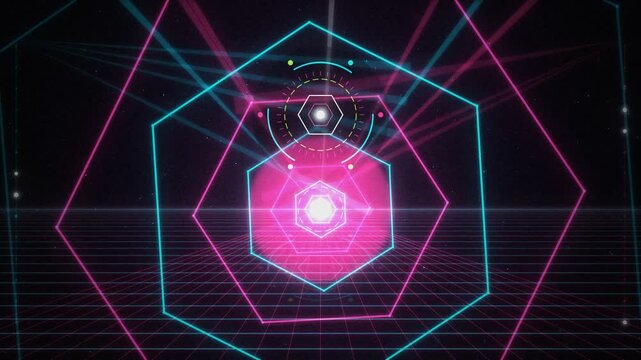 Retro synthwave neon lights show tunnel with glowing hexagonal shapes