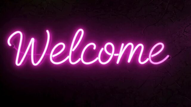 Bright pink neon welcome sign against a dark textured wall