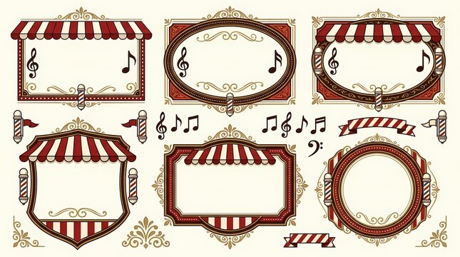 Vintage carnival marquee signage frames featuring striped canopies and musical notes for classical performance event announcements and festival concert invitations in a traditional decorative