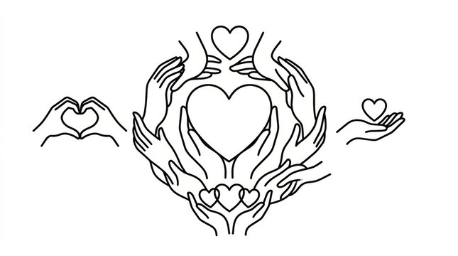 Hands gently cradling and supporting a heart symbol representing love care and compassion in a sketch style
