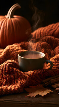 A cozy autumn tableau with a warm mug of hot chocolate, accompanied by a steaming pumpkin and a cozy blanket - an inviting scene.