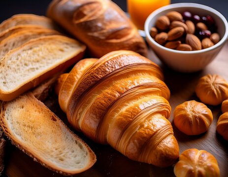 selection of freshly baked goods bakery products croissants bread and toast a hot crispy breakfast