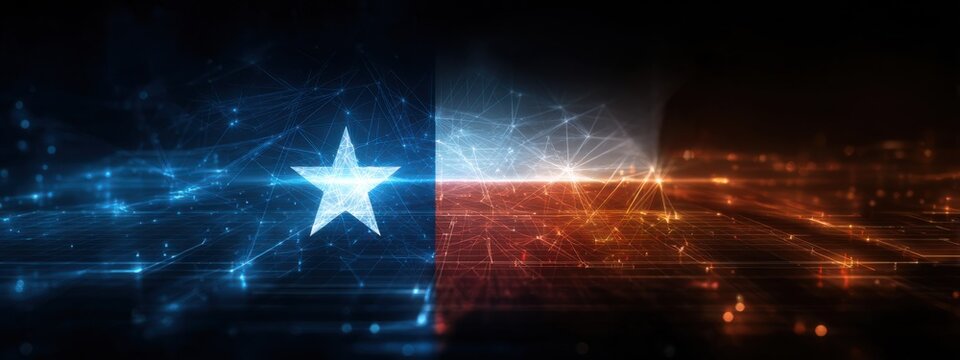 Digital representation of Texas flag with blue and red colors and glowing effects in a modern style