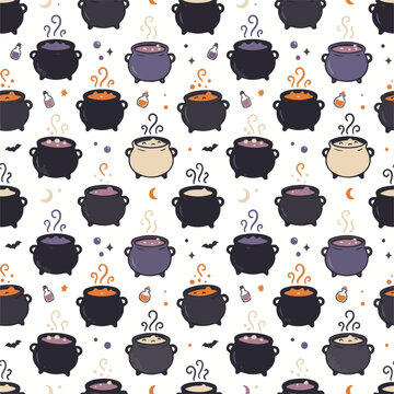 Seamless pattern of witch magic cauldrons and potion bottles