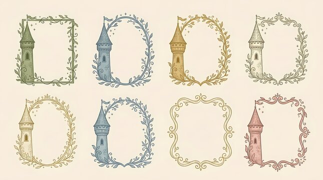 Set of eight whimsical fairytale castle frames featuring decorative floral foliage and hand drawn architecture motifs suitable for festive invitations scrapbooking projects or magical storybook