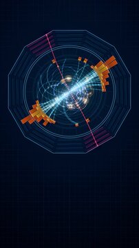 Vertical video of a particle collision on a detector screen: neon tracks fly out, spiral in the magnetic field and energy bars rise, seamless loop