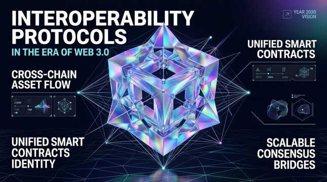 Interoperability Protocols in Web 3.0, a futuristic blockchain technology concept. Unified smart contracts and cross-chain asset flow, scalable consensus bridges, and digital identity.