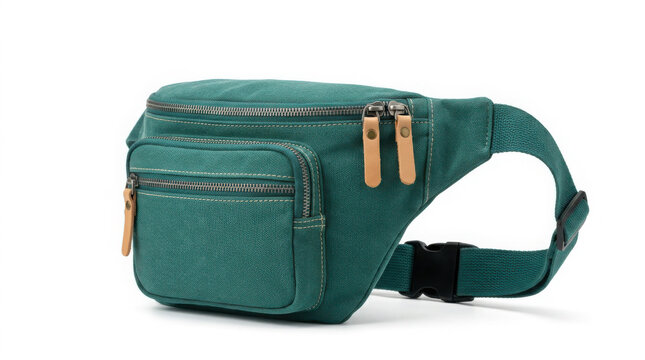 Teal green canvas fanny pack with multiple zipper pockets and adjustable waist generated using ai