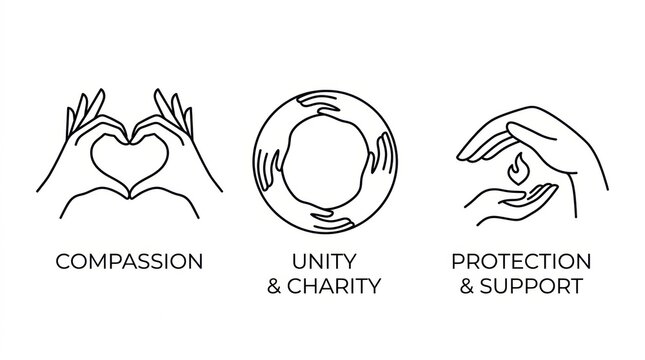 Artistic hand drawn illustrations depict the concepts of compassion unity and protection each with accompanying descriptive text labels below
