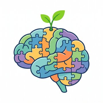 Conceptual Illustration of a Colorful Jigsaw Puzzle Brain with a Green Sprout, Representing Growth Mindset, Mental Health, Personal Development, and Cognitive Learning on White Background.