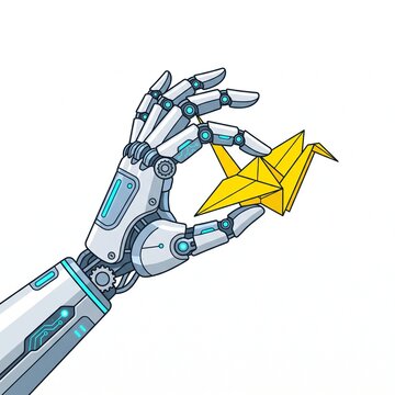 Futuristic robotic hand delicately holding a yellow origami crane, symbolizing the intersection of advanced artificial intelligence and traditional human craftsmanship on white background.
