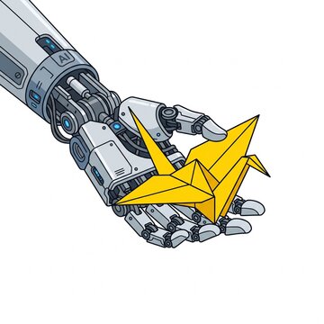 Isometric illustration of a robotic AI hand gently holding a yellow paper origami crane, representing precision, artificial intelligence, and the fusion of technology with creative art.