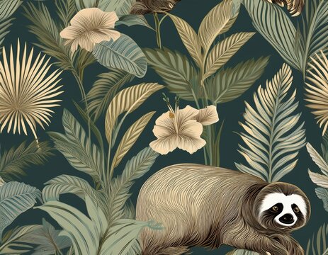 tropical vintage botanical landscape palm tree jungle plants palm leaves sloth zebra seamless floral border jungle animal wallpaper