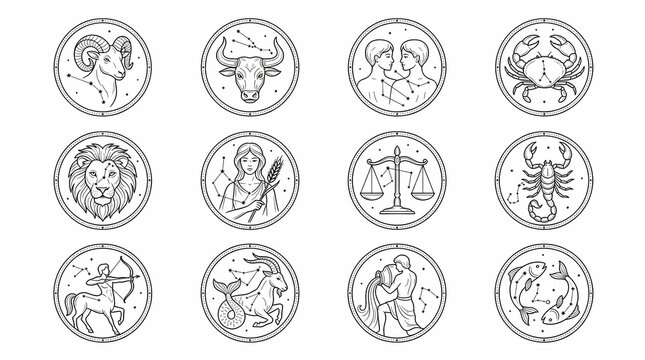 Set of twelve astrological zodiac signs featuring celestial constellations and mythological creatures displayed within circular frames for horoscope predictions and spiritual character trait