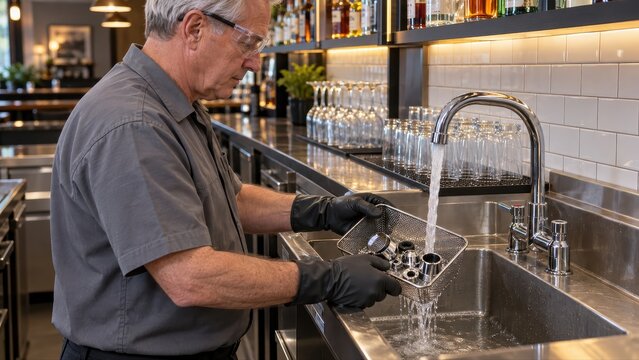 A technician rinses small draught faucet components in a mesh basket under running water at a bar sink during routine beer line maintenance