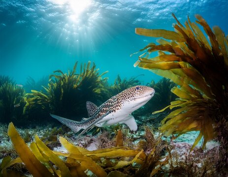 leopard sharks in kelp forest underwater