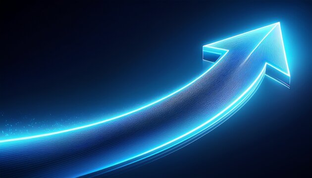 neon blue curved arrow glowing upward on dark gradient smooth light trail symbolizes success growth progress futuristic digital energy flow for business motivation