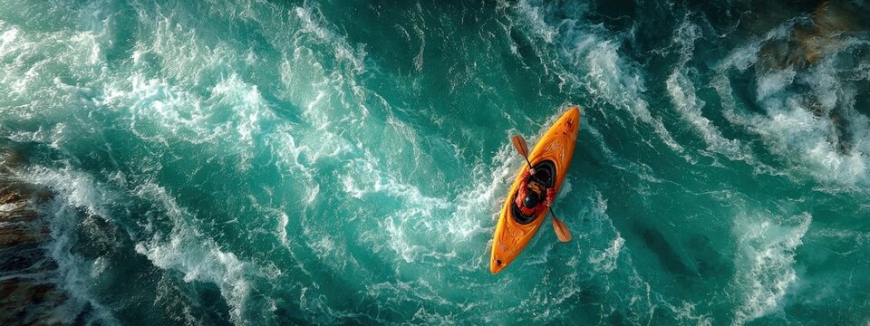 Kayaker paddles through rough waters in a river during a sunny day