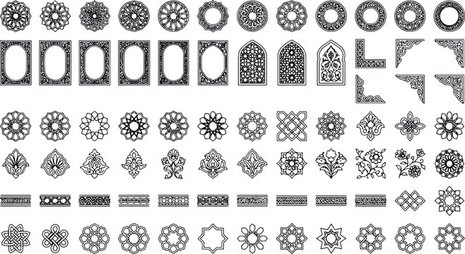 Islamic ornament set, decorative geometric arabesque frame border and rosette pattern collection