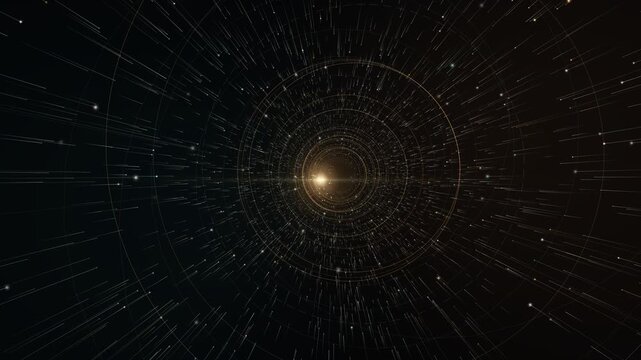 Endless flight through a golden star tunnel with glowing radial light
