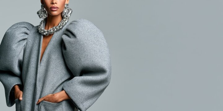 Fashion portrait of woman in a gray sculptural coat and silver jewelry