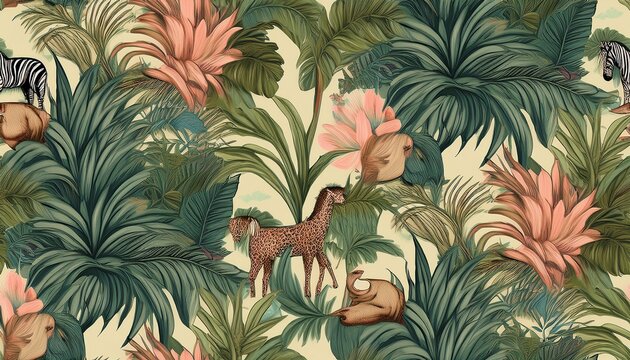 tropical vintage botanical landscape palm tree jungle plants palm leaves sloth zebra giraffe flamingo elephant seamless floral pattern jungle animal wallpaper