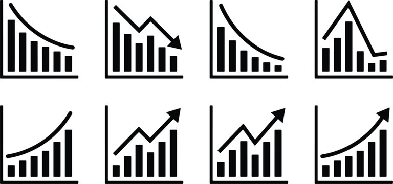 Set of eight bar chart icons showing decreasing, increasing, and fluctuating trend graphs with