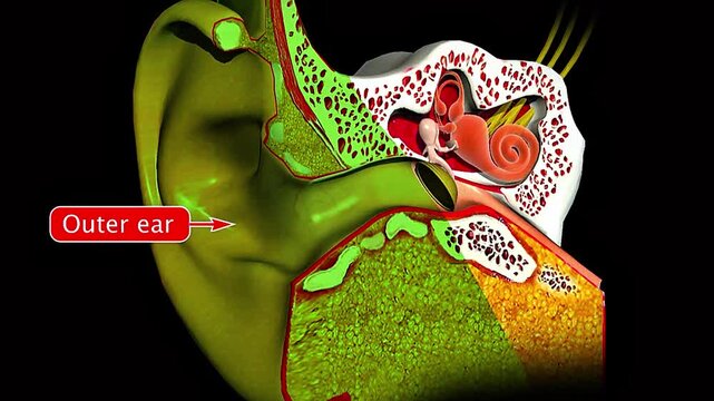 Human ear anatomy showing the major parts of the outer, middle, and inner ear involved in hearing.