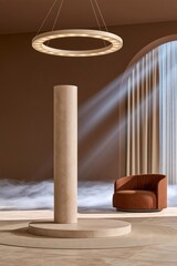 Obraz premium Tall beige column on circular base under modern ring light, with brown armchair and sunbeams through arched window in minimalist interior