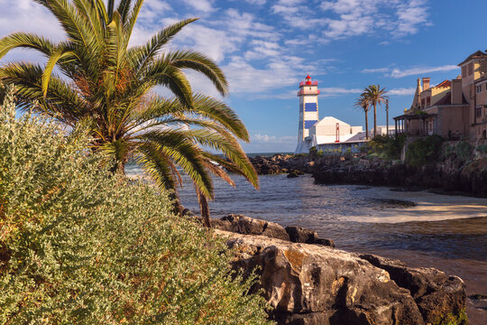Santa Marta Lighthouse on Rocky Coast in Cascais, Portugal