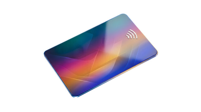 Credit card mockup with colorful gradient abstract design and contactless payment symbol isolated on white background for financial technology and banking concepts